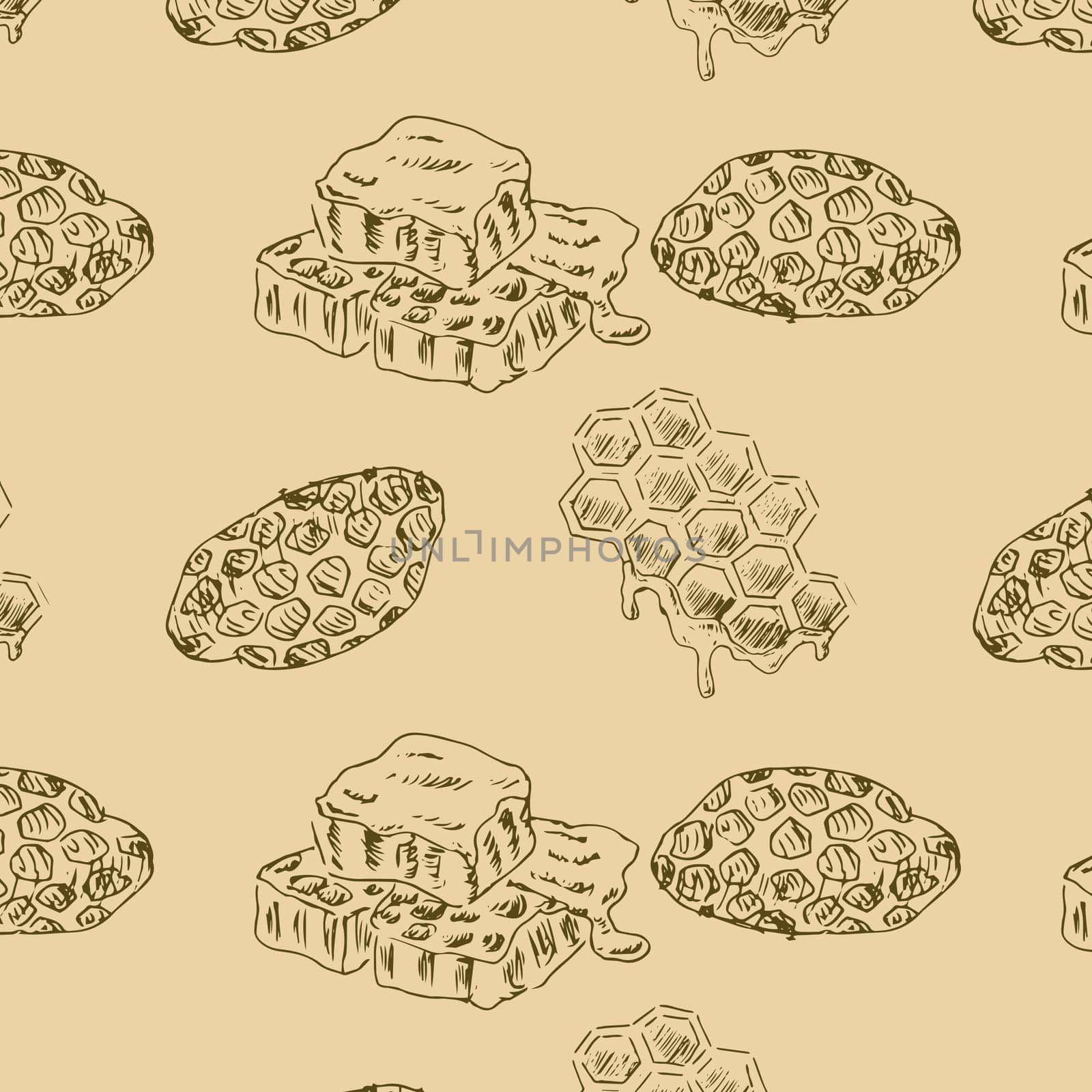 Hand drawn sketch of honeycomb elements patttern. Vector illustration can used for wrapping paper, textile, food label, print for organic honey products.