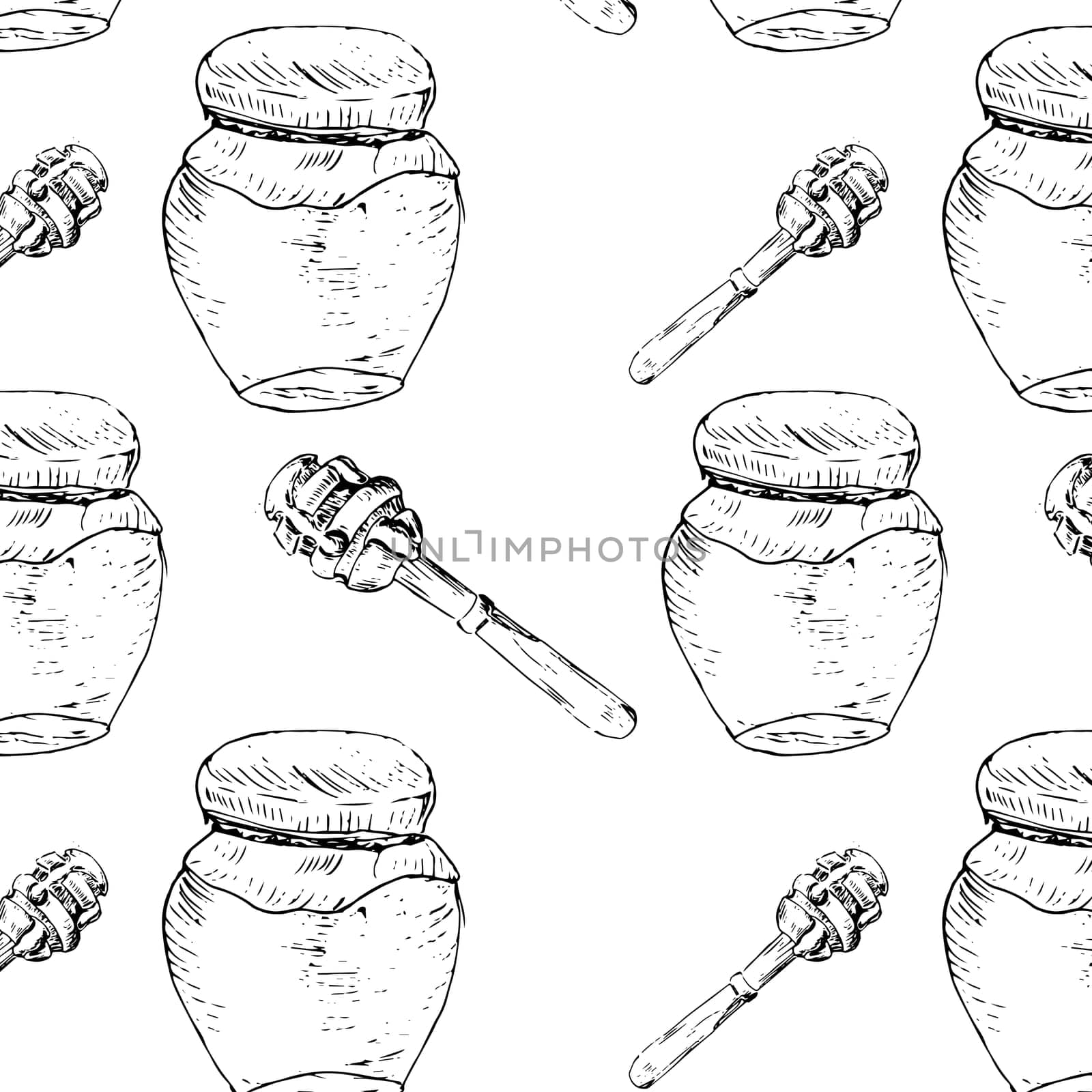 Hand drawn sketch of honey jar and spoon pattern. Vector illustration can used for wrapping paper, textile, food label, print for organic honey products.