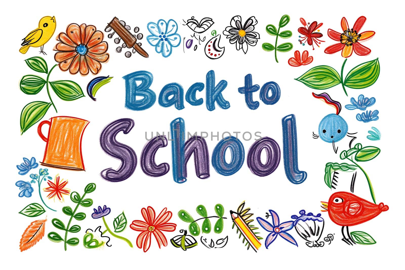 Naive children's drawing with colored chalk on white paper, made by hand by a child, text Back to School. Neural network generated image. Not based on any actual scene or pattern.
