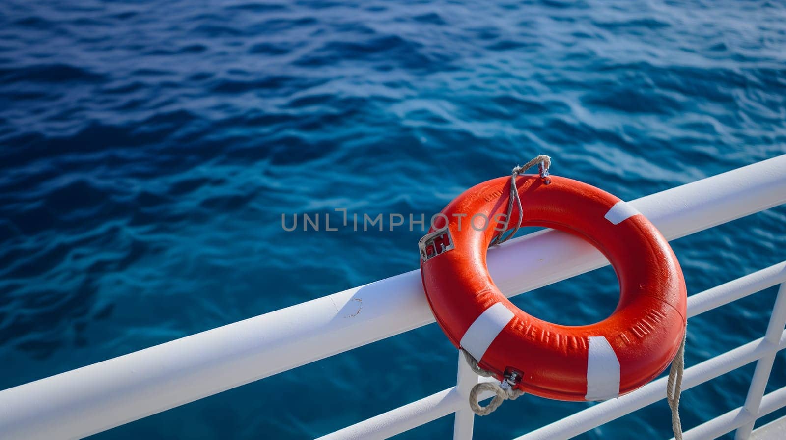 Lifebuoy attached to a ship's white railing, with the clear blue sea in the background. Neural network generated image. Not based on any actual scene or pattern.