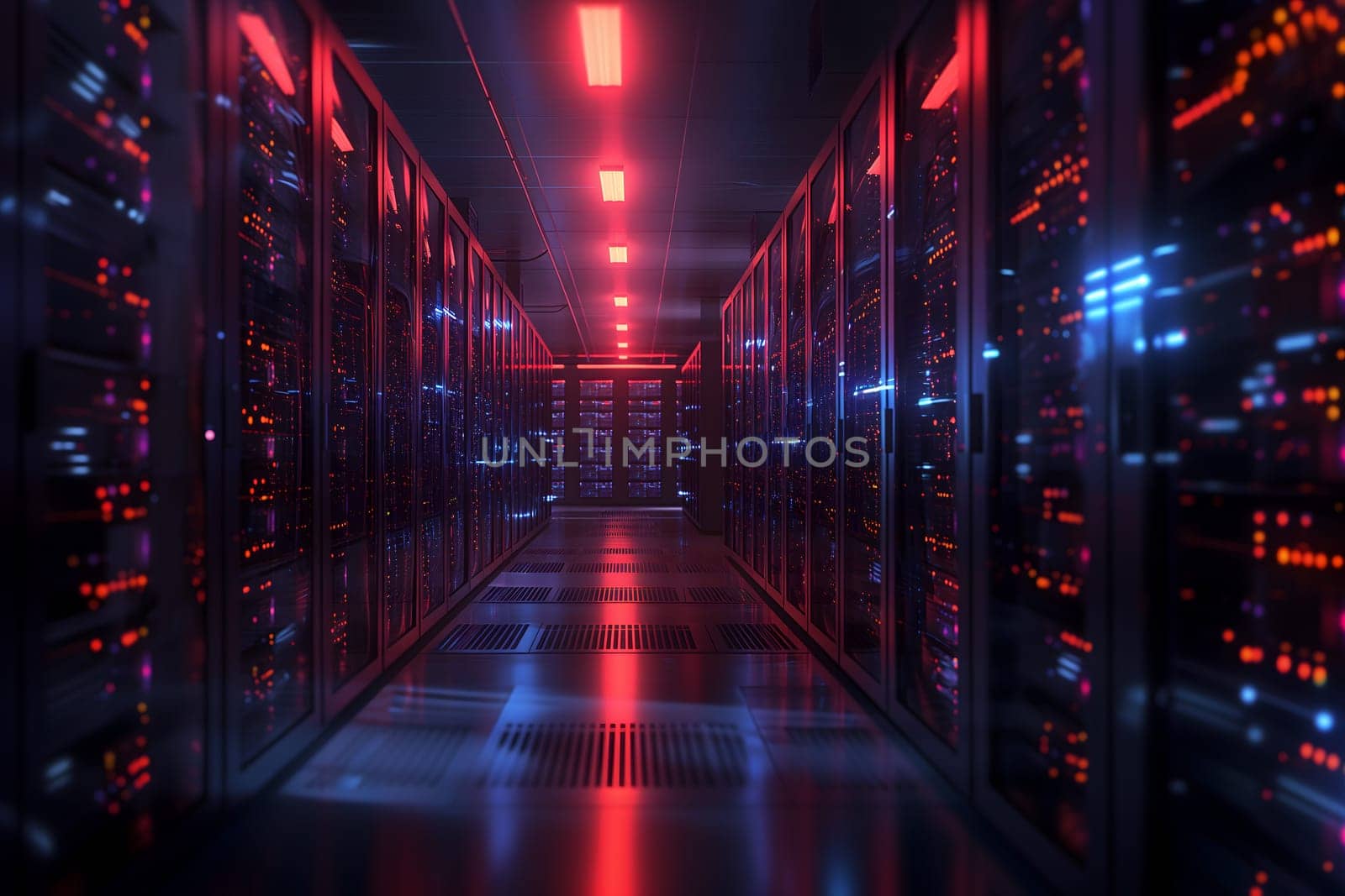 Server room with neon high contrast lighting. Neural network generated image. Not based on any actual scene or pattern.
