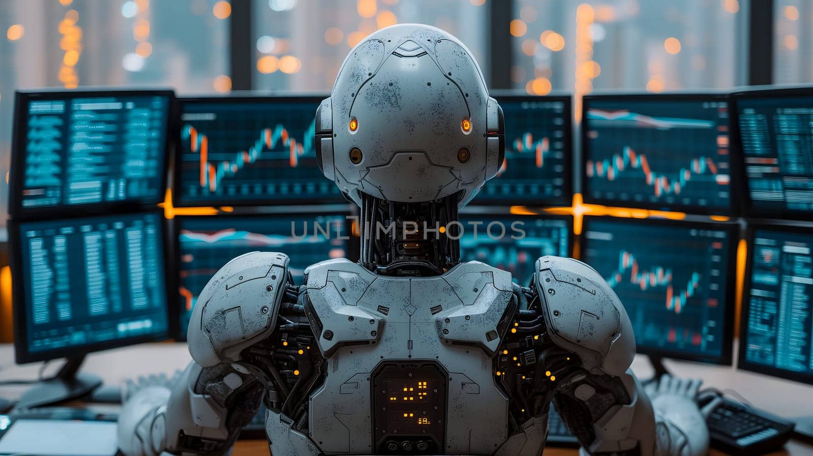 Back view of a financial analyst day trader robot working on computer with many screens that shows real-time stock data. Neural network generated image. Not based on any actual scene or pattern.