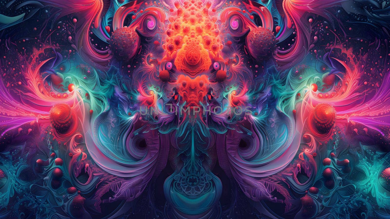 Saturated colorful mad abstract background, random different shapes and objects, hallucinations of ancient shaman after mushroom overdose. Neural network generated image. Not based on any actual scene or pattern.