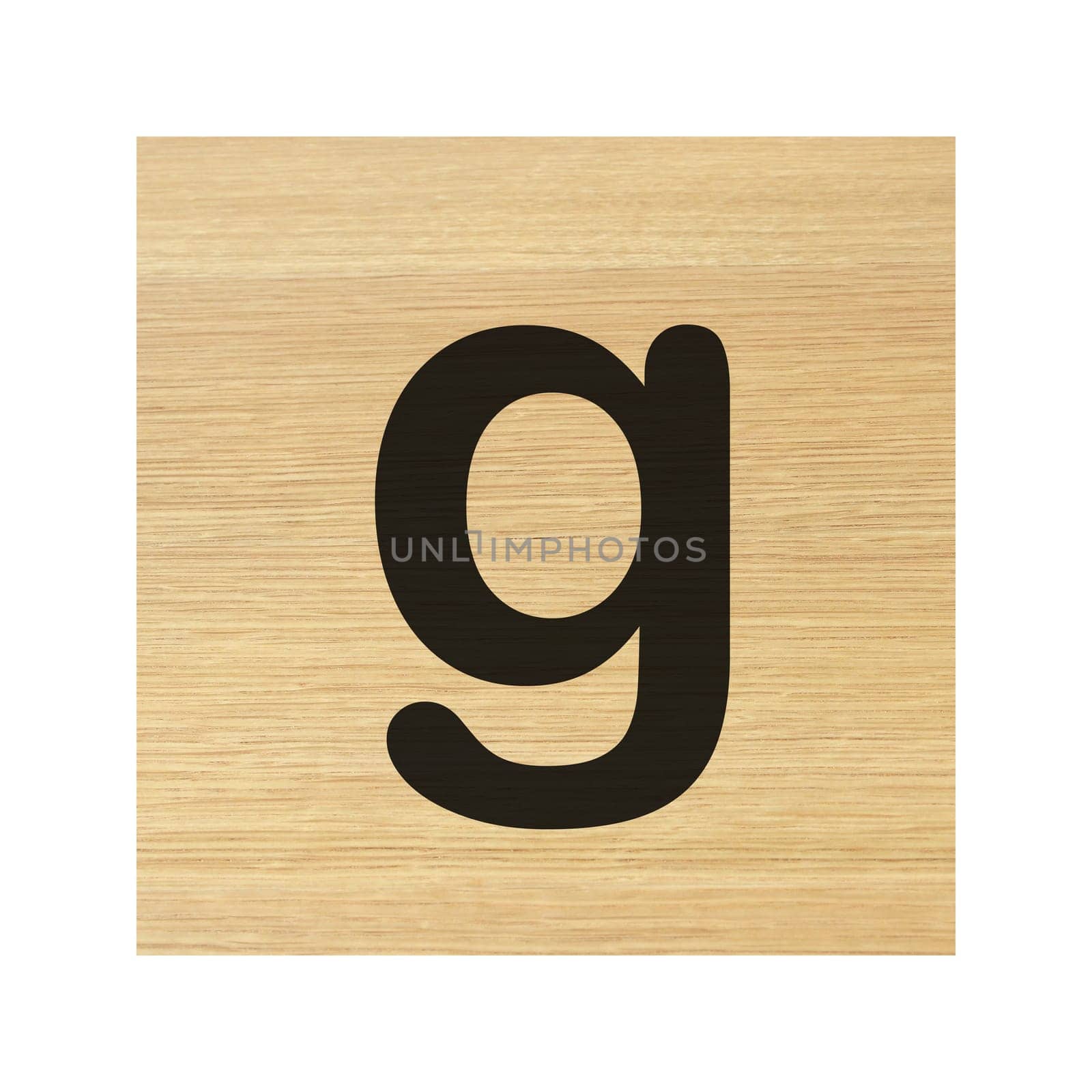 A lower case g wood block on white with clipping path