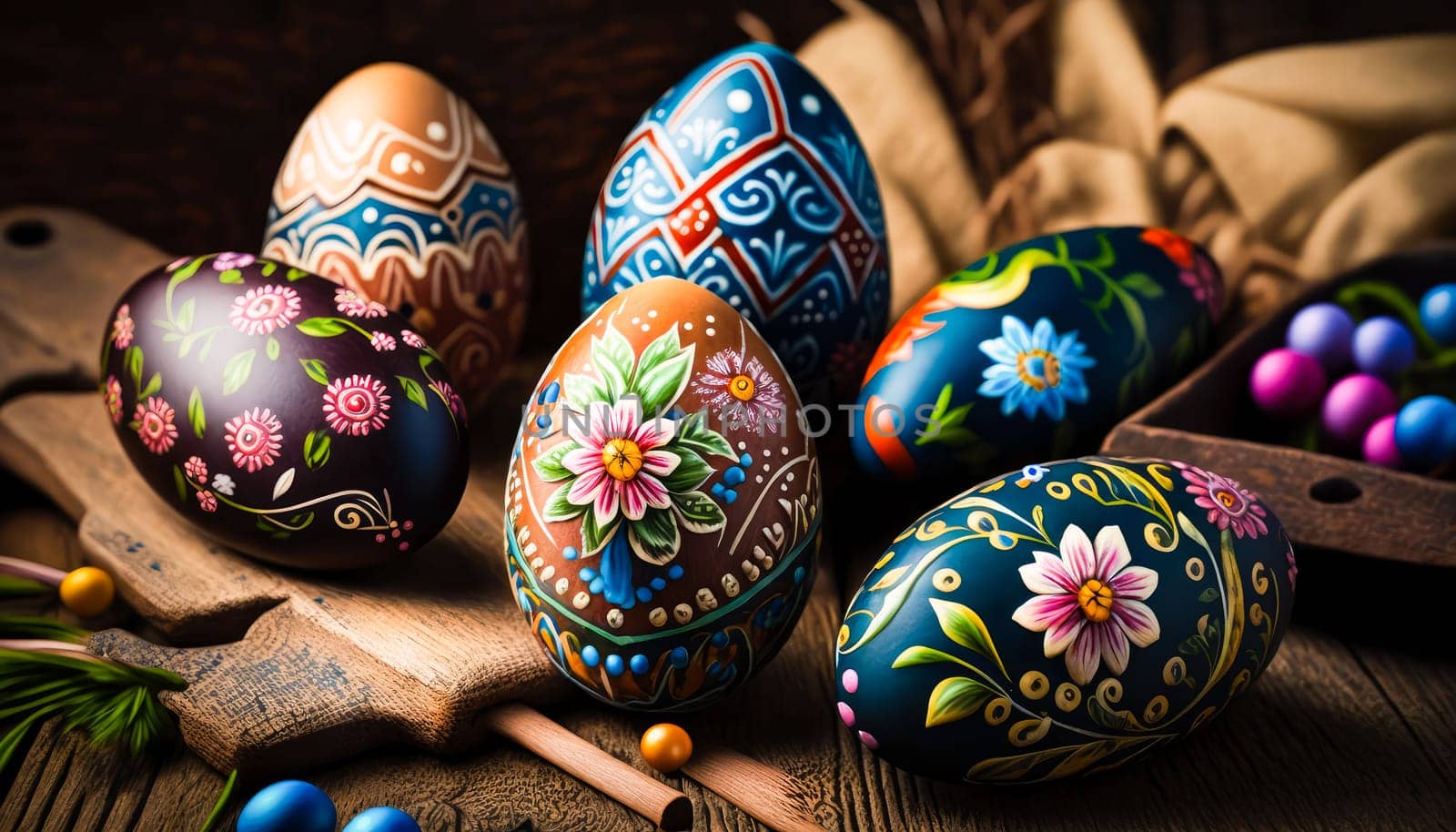 Easter painted eggs on an old wooden table, rustic style, Easter. generative AI