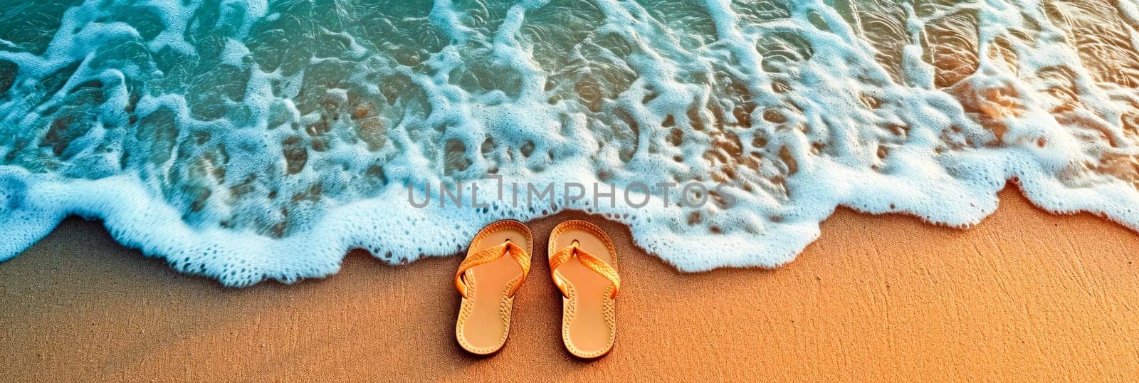 A pair of orange sandals at the edge where gentle waves meet the sandy beach.