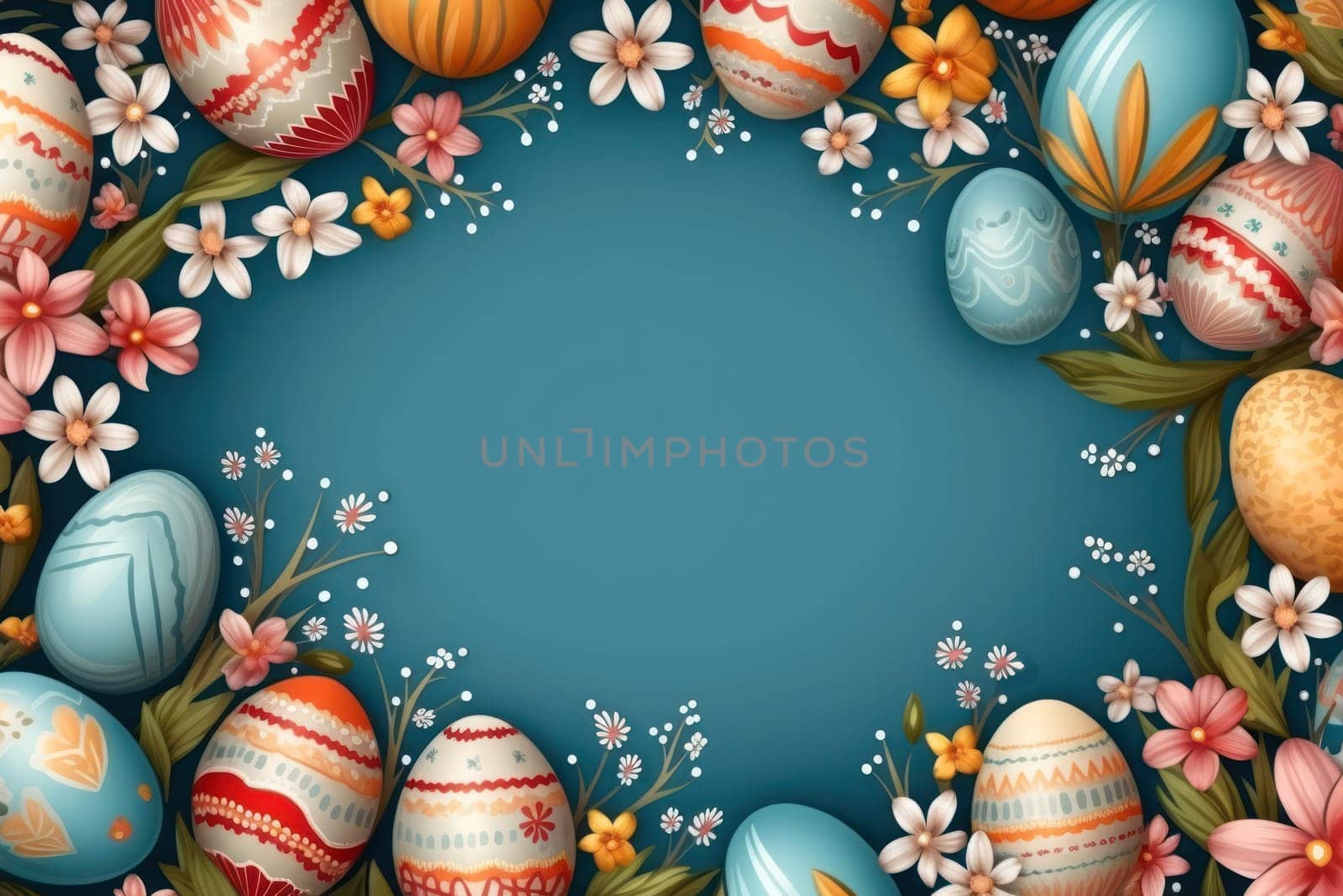 easter card with bright colored eggs and copy space. Generative AI