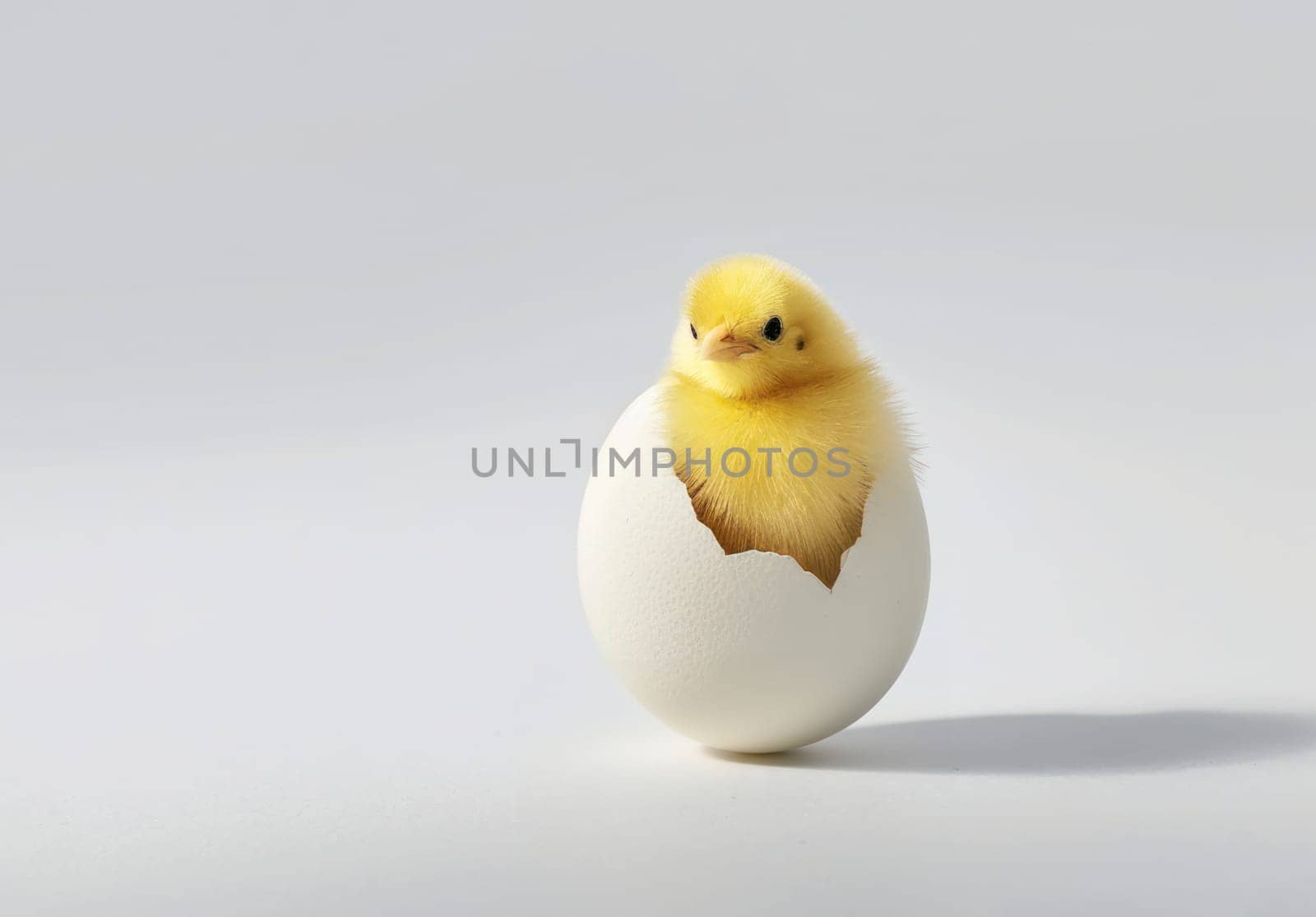 small yellow chicken in a shell on a light background. postcard with copy space, easter concept.
