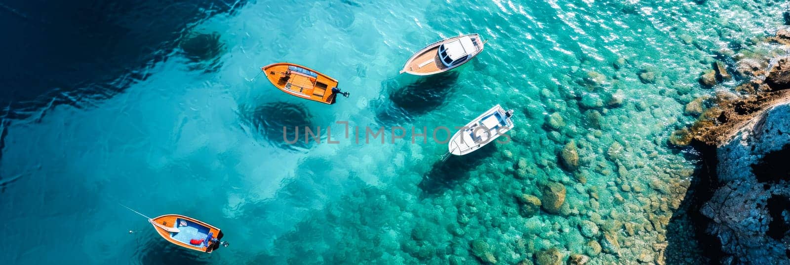 Top-down aerial view of boats on clear blue waters with rocky coastline. Copy space