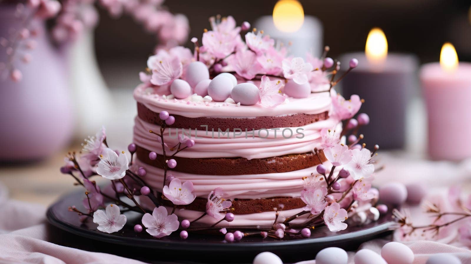 spring cake for Easter with pink cream, decorated with small decorative eggs and fresh cherry flowers