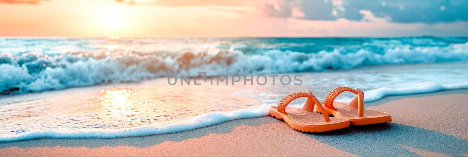Orange flip-flops on a sandy beach with foamy waves at sunset. Copy space