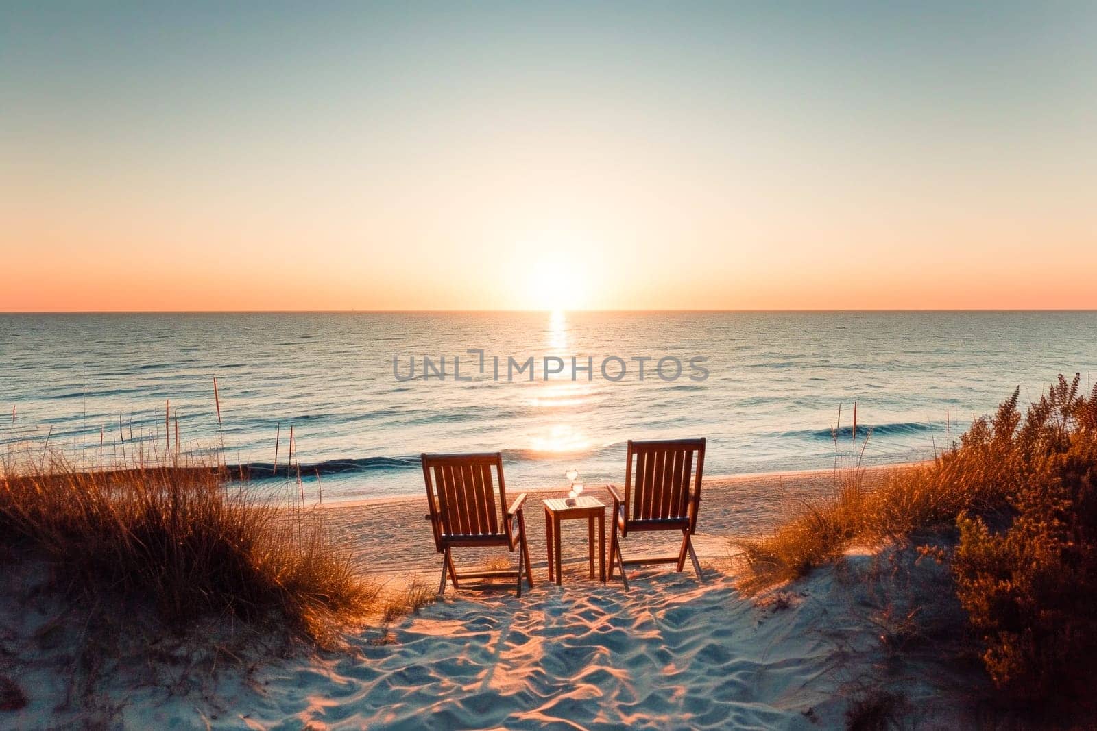 Two chairs face the sunset on a secluded beach, offering a peaceful retreat. Copy space