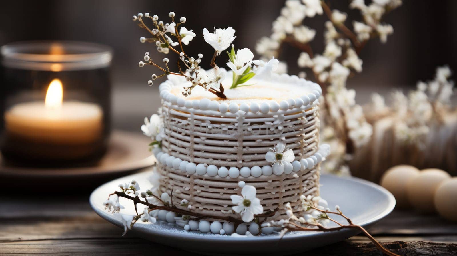 spring cake for Easter with pink cream, decorated with small decorative eggs and fresh cherry flowers