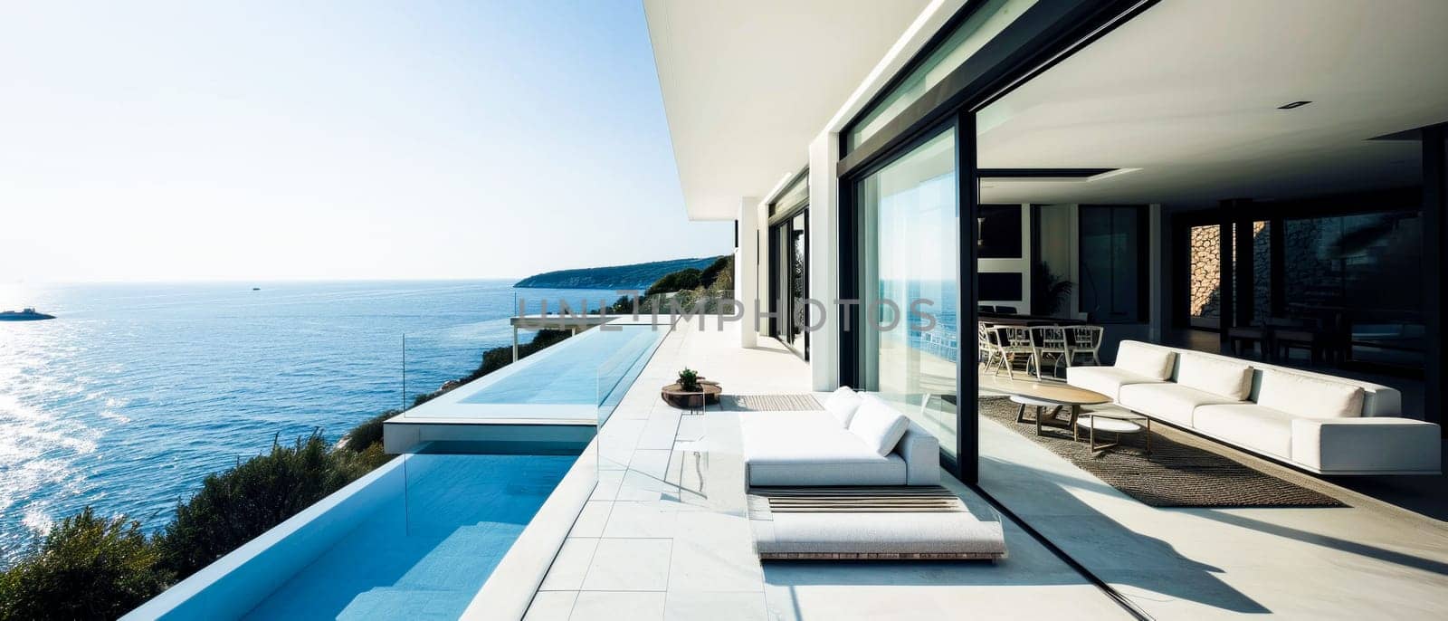 Modern terrace with a pool overlooking the sea, with clear skies and a seamless indoor-outdoor transition.