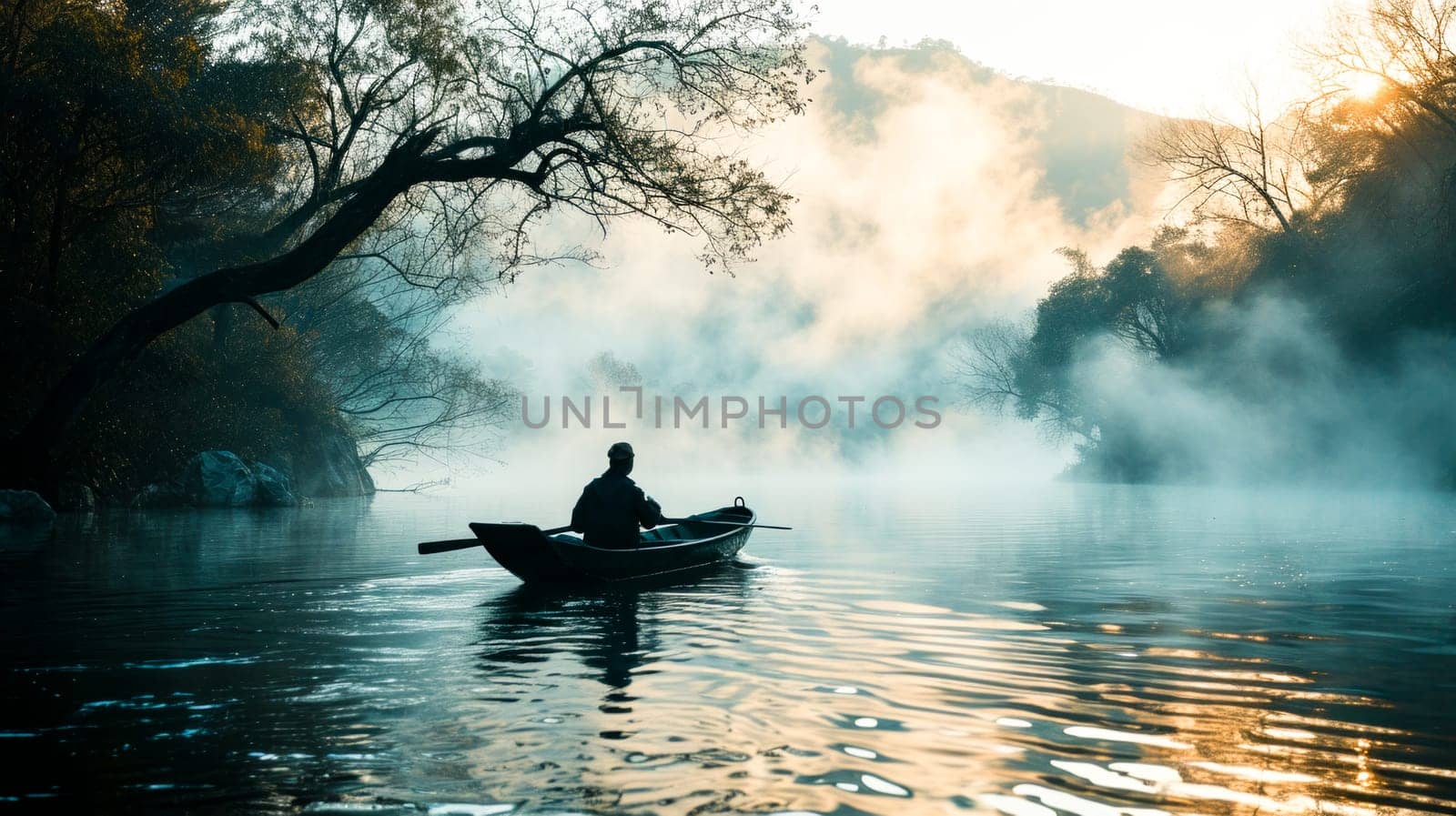 A lone figure rows a boat on a serene, mist-covered lake flanked by trees.