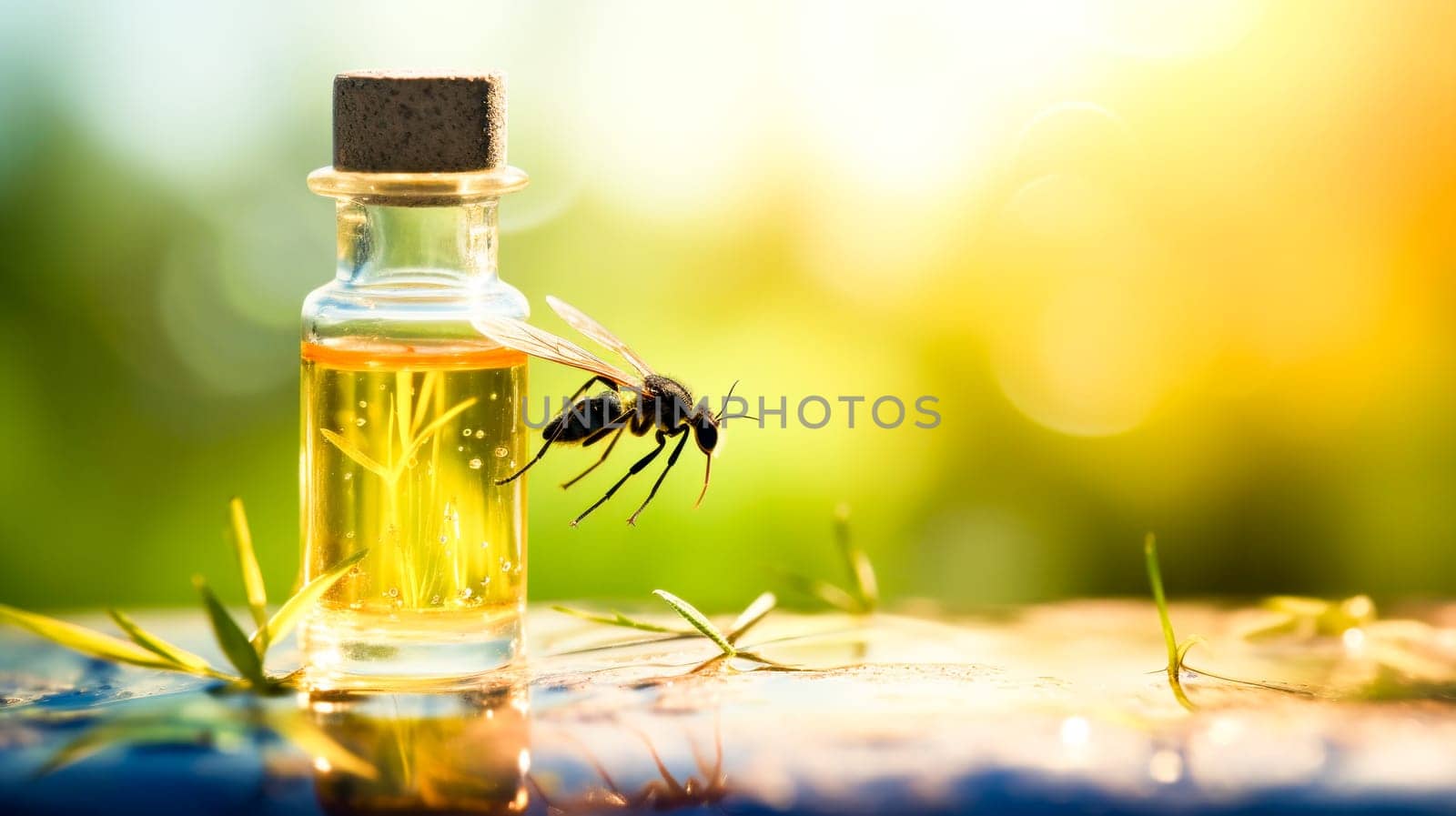 A glass bottle of aromatic oil on a reflective surface with a wasp inspecting it under a sunny backdrop.