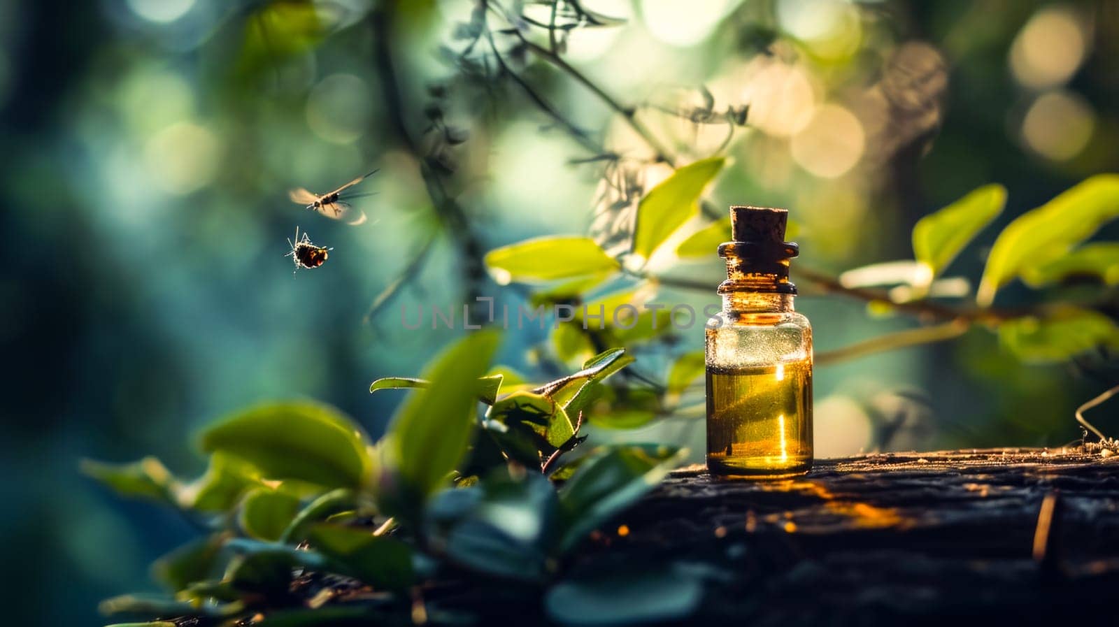 A small bottle of essential oil placed on a log in a forest, with insects hovering nearby in the sunlight.
