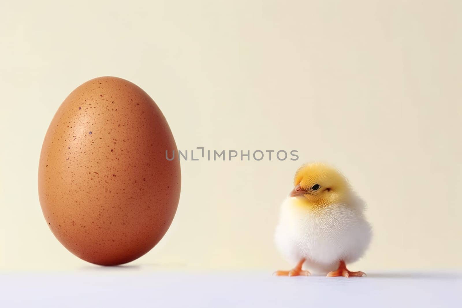 small yellow chicken in a shell on a light background. postcard with copy space, easter concept.