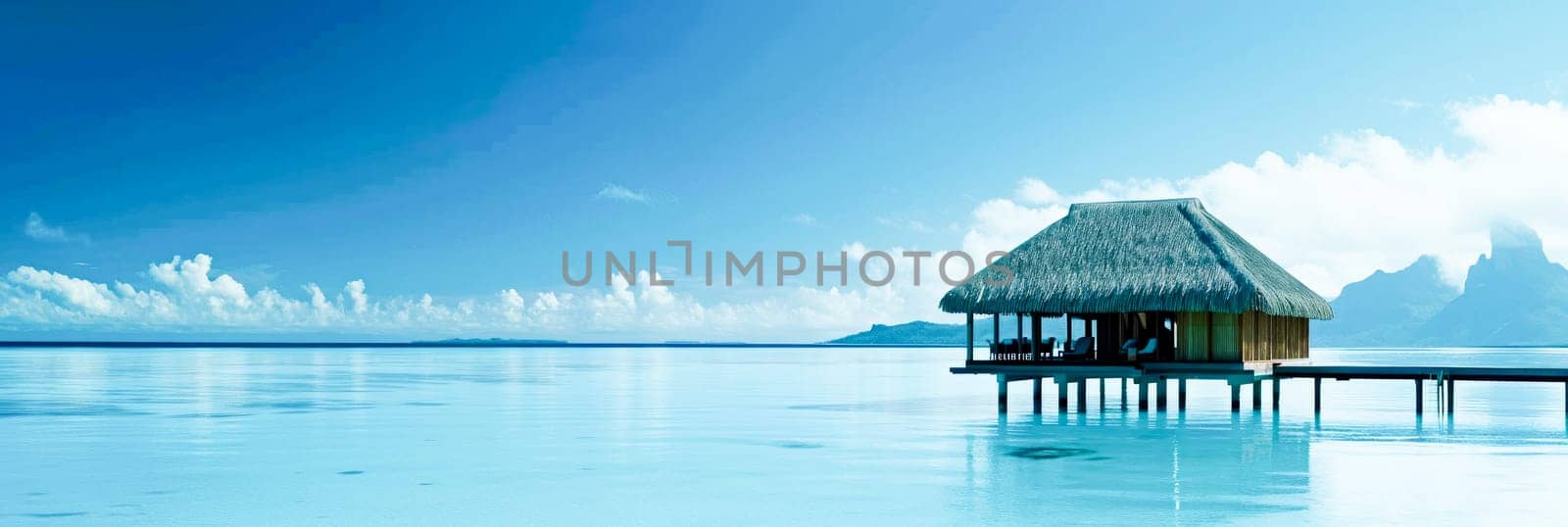A lone overwater bungalow in a tranquil seaside location, evoking a sense of peaceful isolation and luxury.for travel and holiday brochures, luxury travel blogs and loneliness articles.