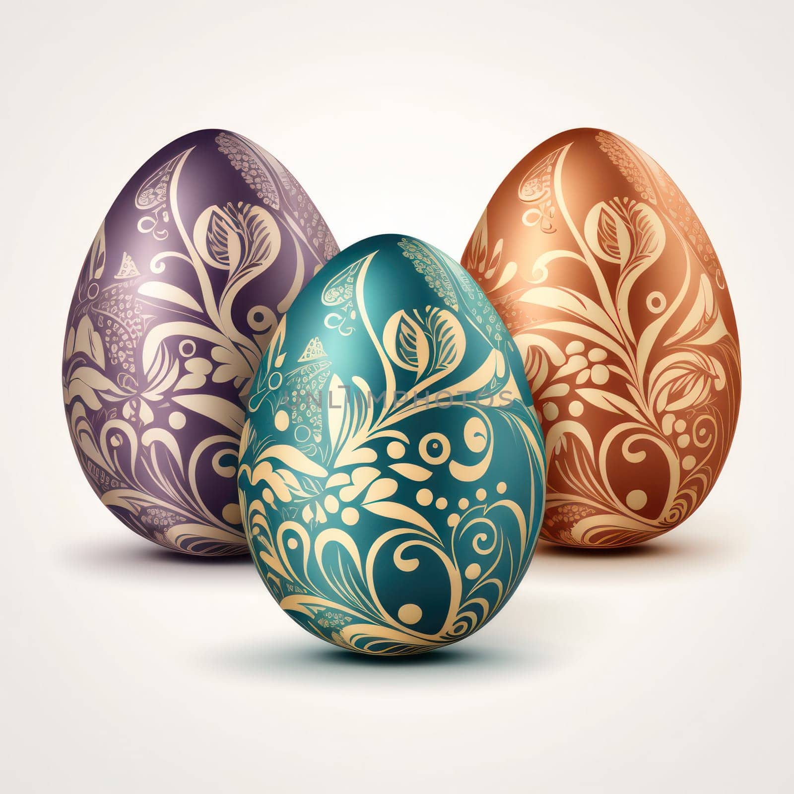 three colorful hand-painted eggs. Easter holiday concept. generative AI
