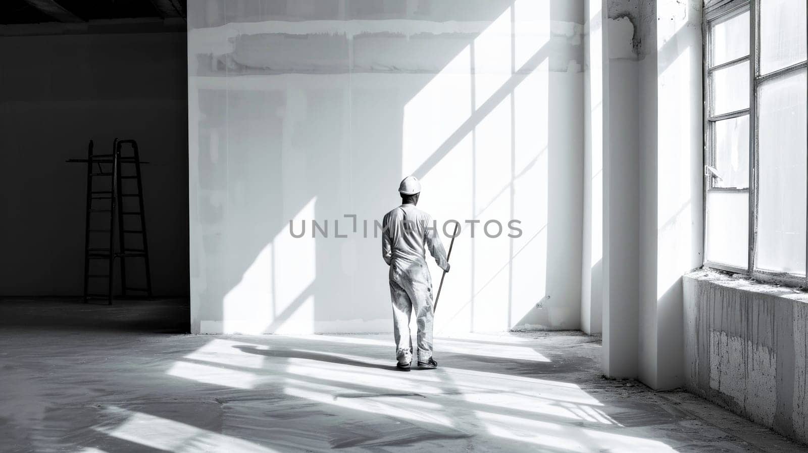 A construction worker in protective gear stands thoughtfully in a bright, sunlit, empty room with large windows.