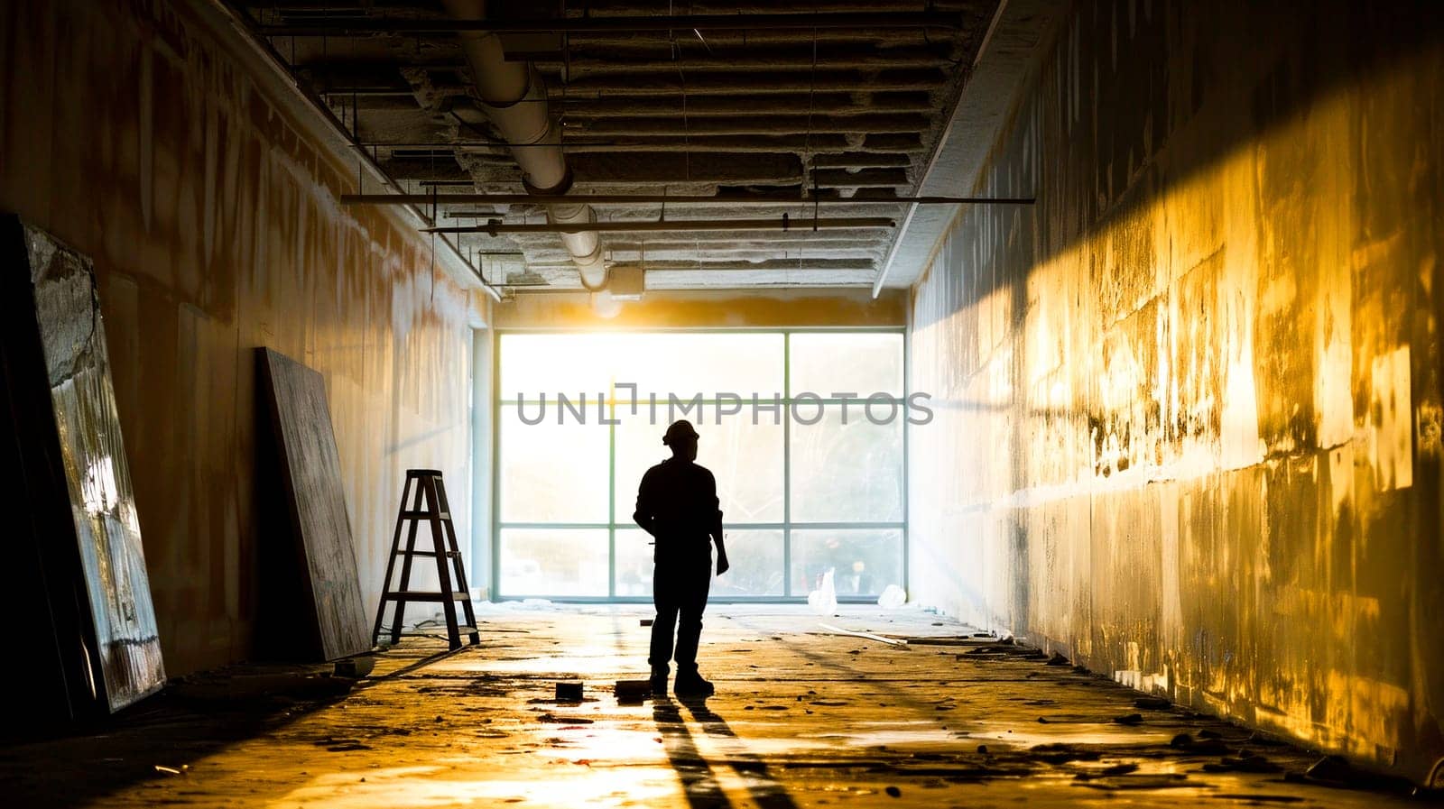 A silhouetted figure stands on a construction site, illuminated by the warm light of the setting sun.