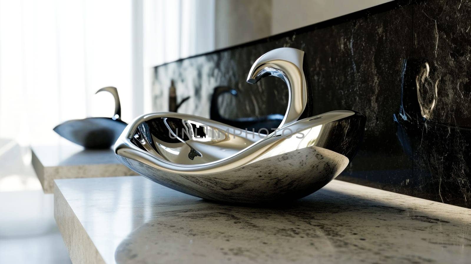 a design of bathroom faucet, modern style.A contemporary chrome faucet with a sleek design set against a marble backdrop, reflecting luxury.