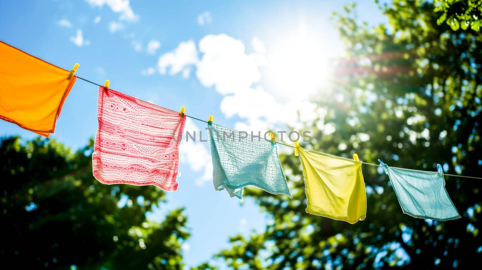 Brightly colored laundry hangs on a line in bright sunlight, against a backdrop of lush greenery, copy space.