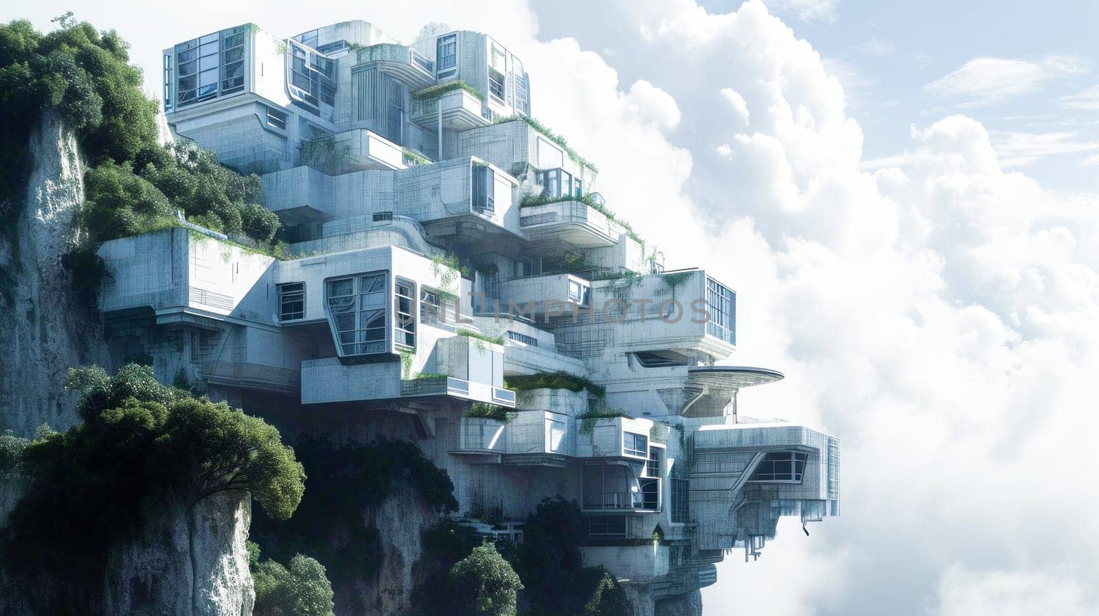 Futuristic cliff dwellings adorned with greenery and showcasing eco-friendly architectural design.