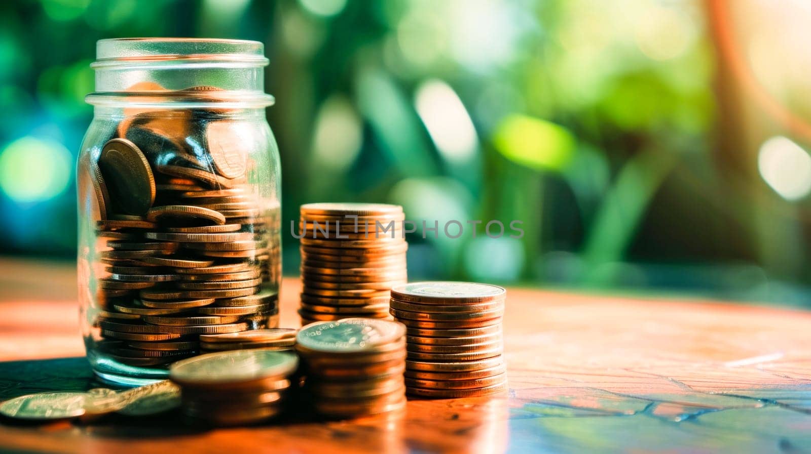 Saving for the Future. Coins stacked with precision in a glass jar against a green, natural backdrop, symbolizing financial planning and saving.