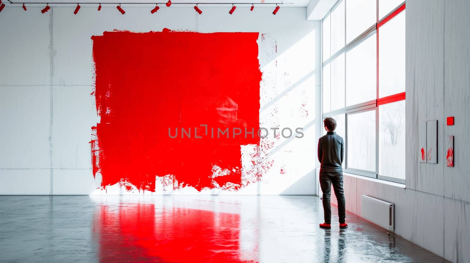 A man looks at a massive wall painted red in a bright white gallery space, which evokes a contemplative mood.