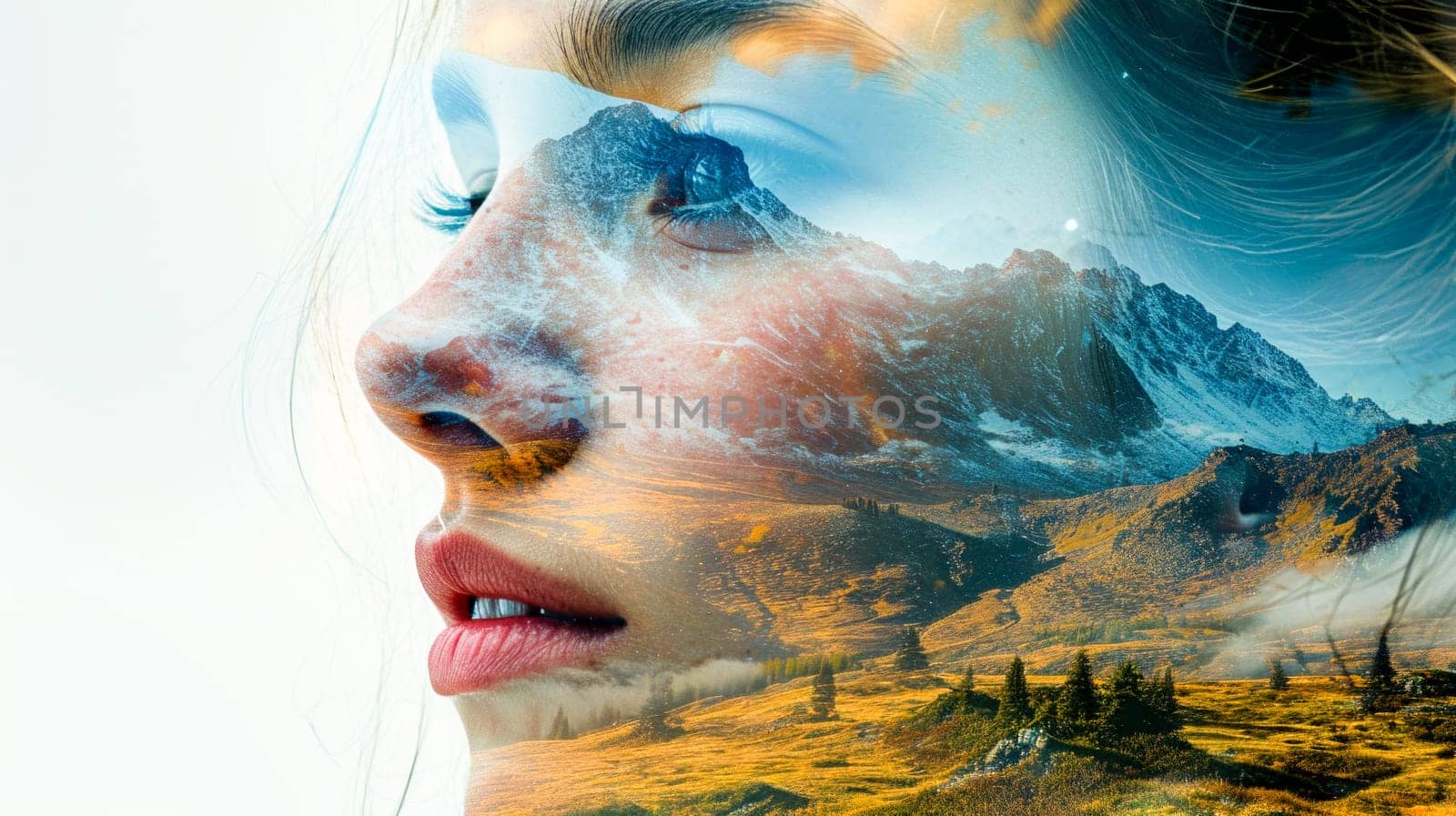A creative double exposure portrait that combines a woman's face with a mountain landscape, symbolizing unity with nature.