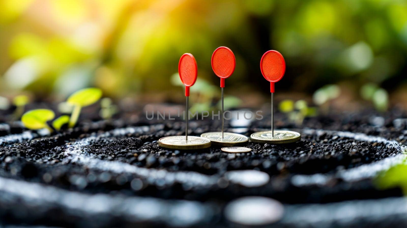 Coins in soil with red location markers, depicting the concept of financial growth and investment.