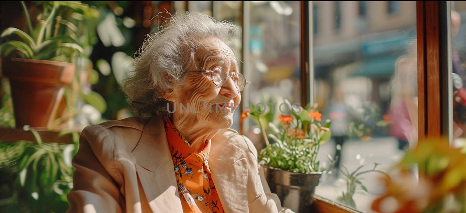 An elderly woman smiles tenderly in the sunlight by a window with plants. Copy space.dignified aging, lifestyle of older people.
