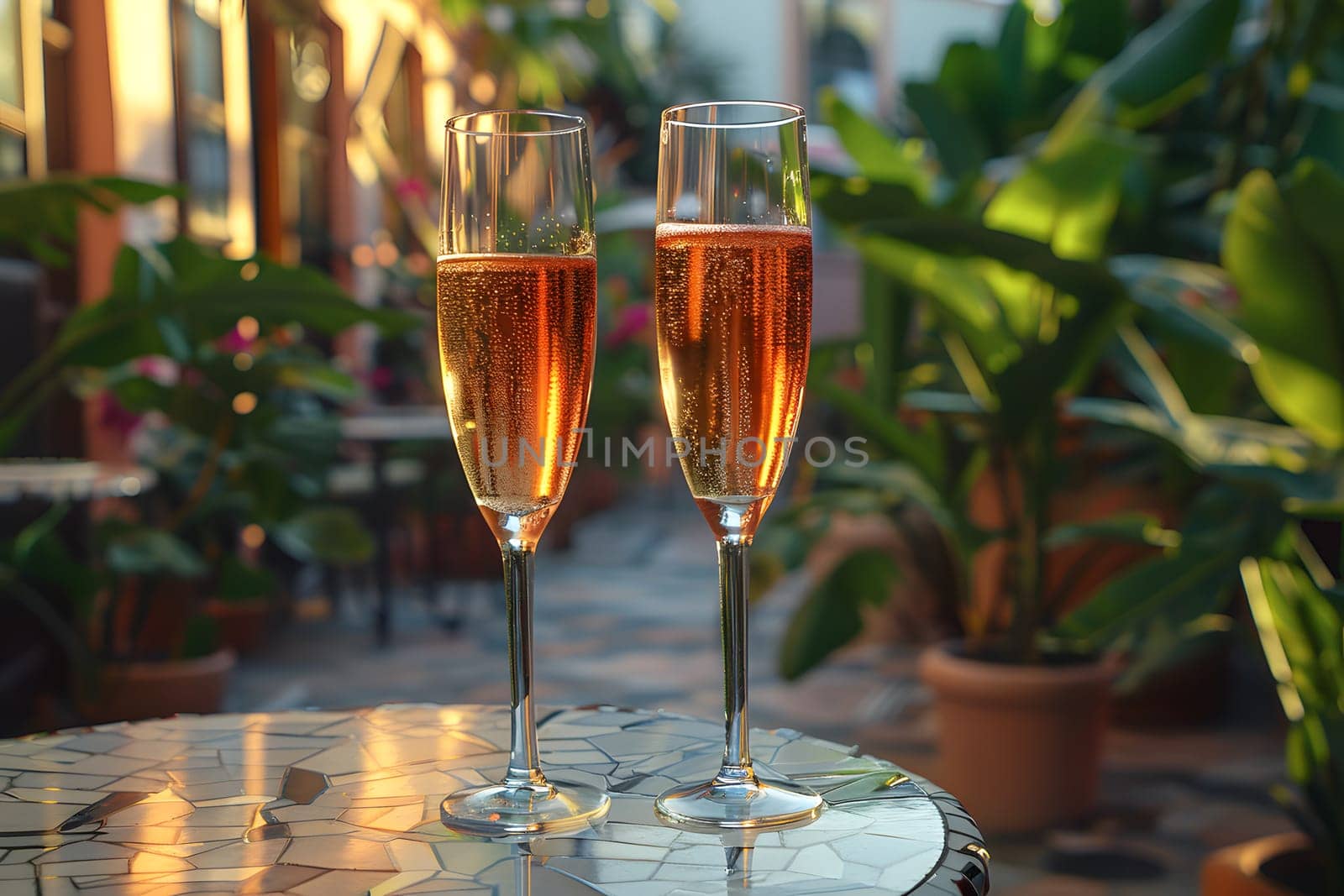 2 drinks on backyard table in summer evokes relaxation, freshness, happiness atmosphere signifies relaxation, warmth and joy of sharing with loved ones in a welcoming space contributing to happiness.