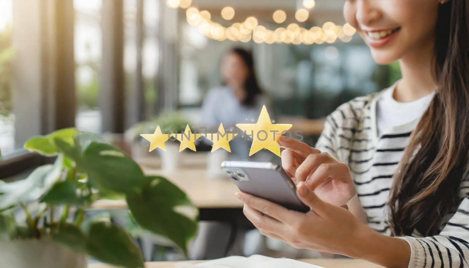 Close up of woman customer giving a five star rating on smartphone. Review, Service rating, satisfaction, Customer service experience and satisfaction survey concept