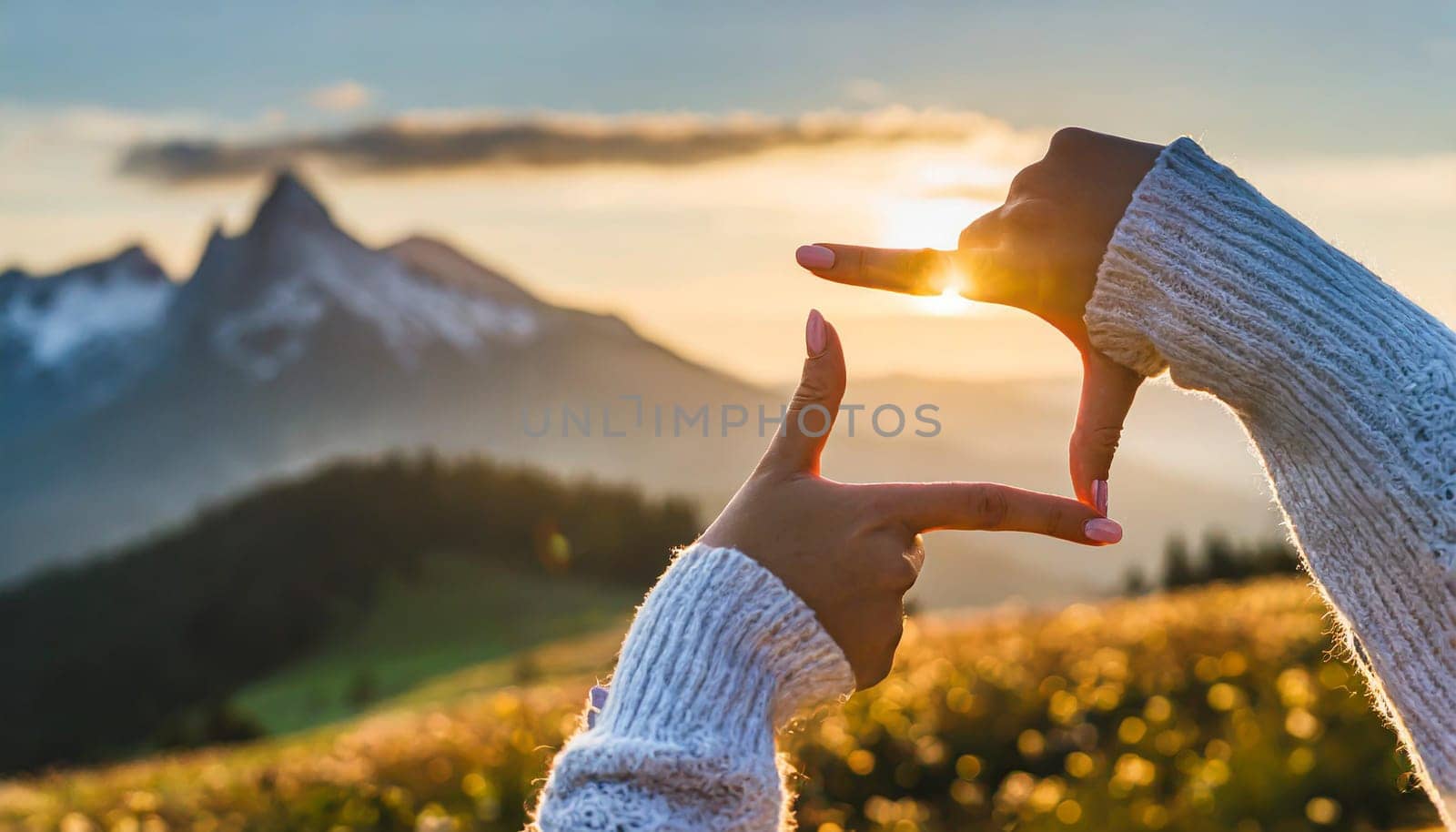 Close up of woman hands making frame gesture with sunrise on moutain, Female capturing the sunrise, Future planning, sunlight outdoor.