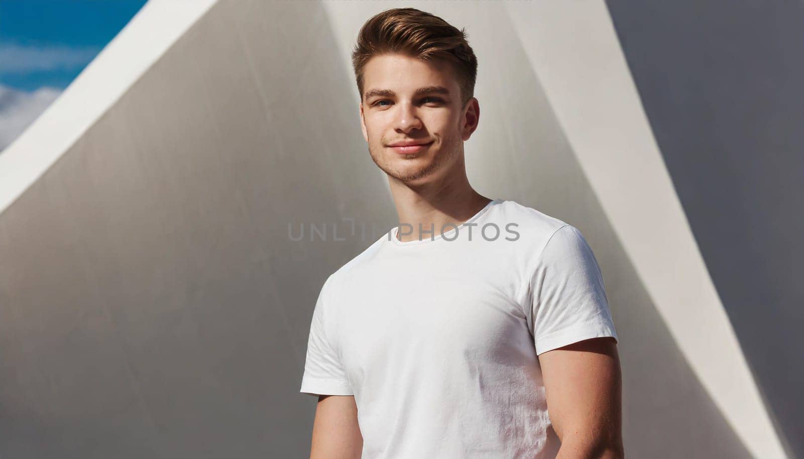 Shirt design and people concept - close up of young man in blank white tshirt front and rear isolated. Mock up template.