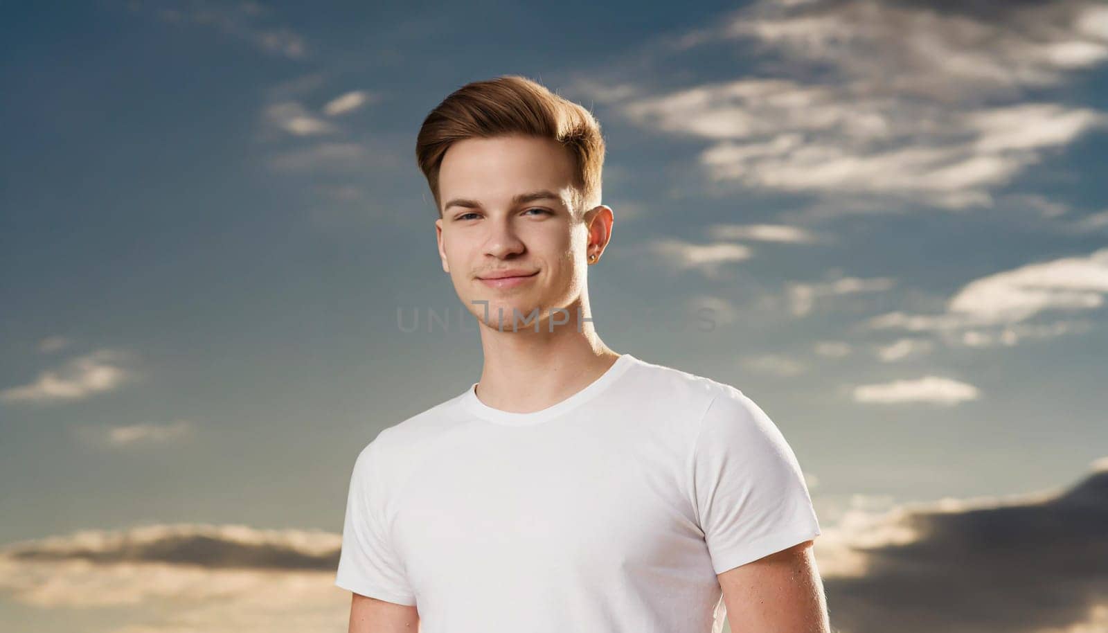 Shirt design and people concept - close up of young man in blank white tshirt front and rear isolated. Mock up template.