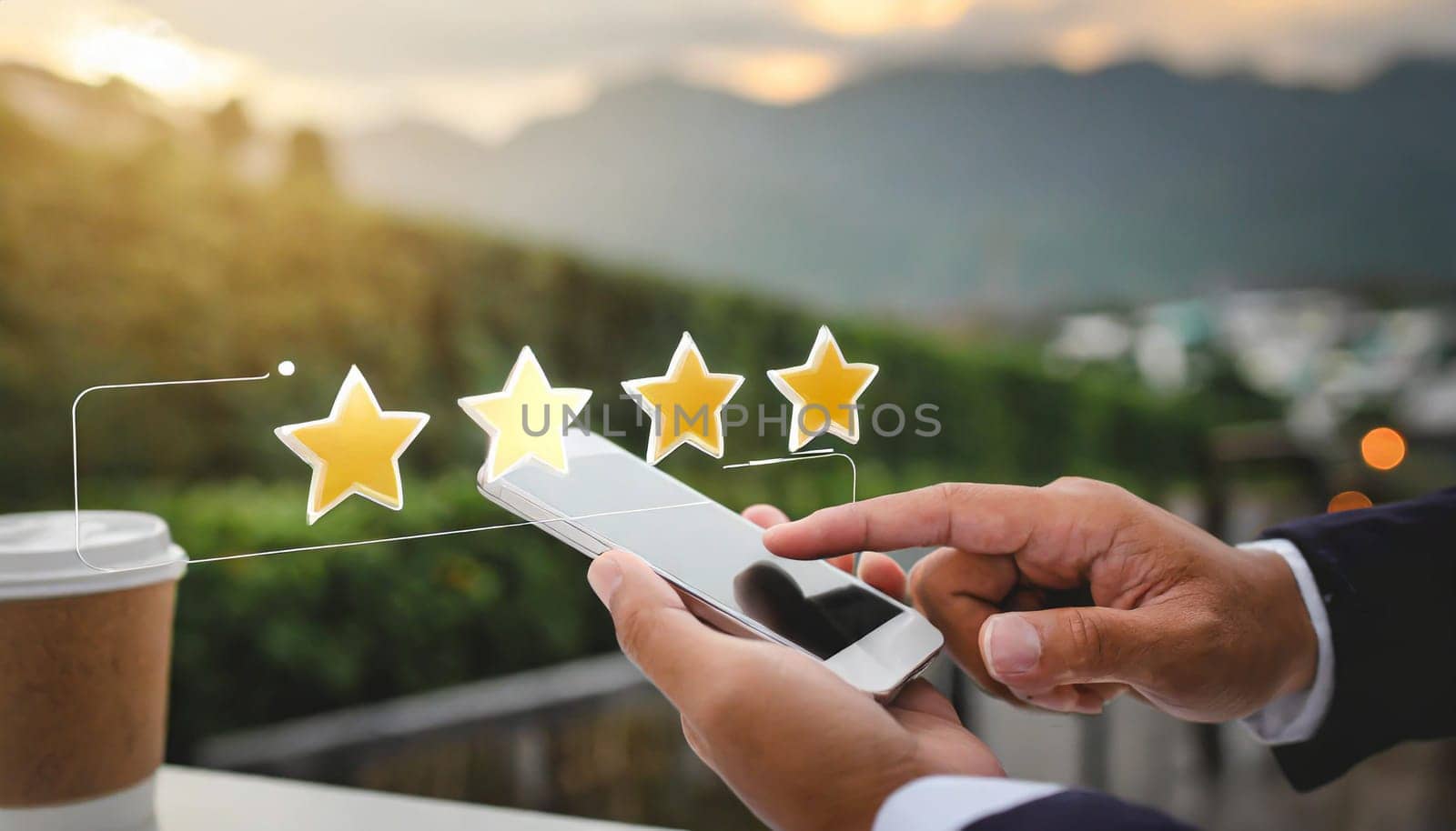 close up on customer man hand pressing on smartphone screen with gold five star rating feedback icon and press level three rank (good) for give score point to review the service business concept