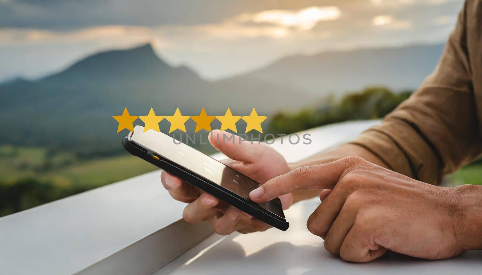 close up on customer man hand pressing on smartphone screen with gold five star rating feedback icon and press level three rank (good) for give score point to review the service business concept