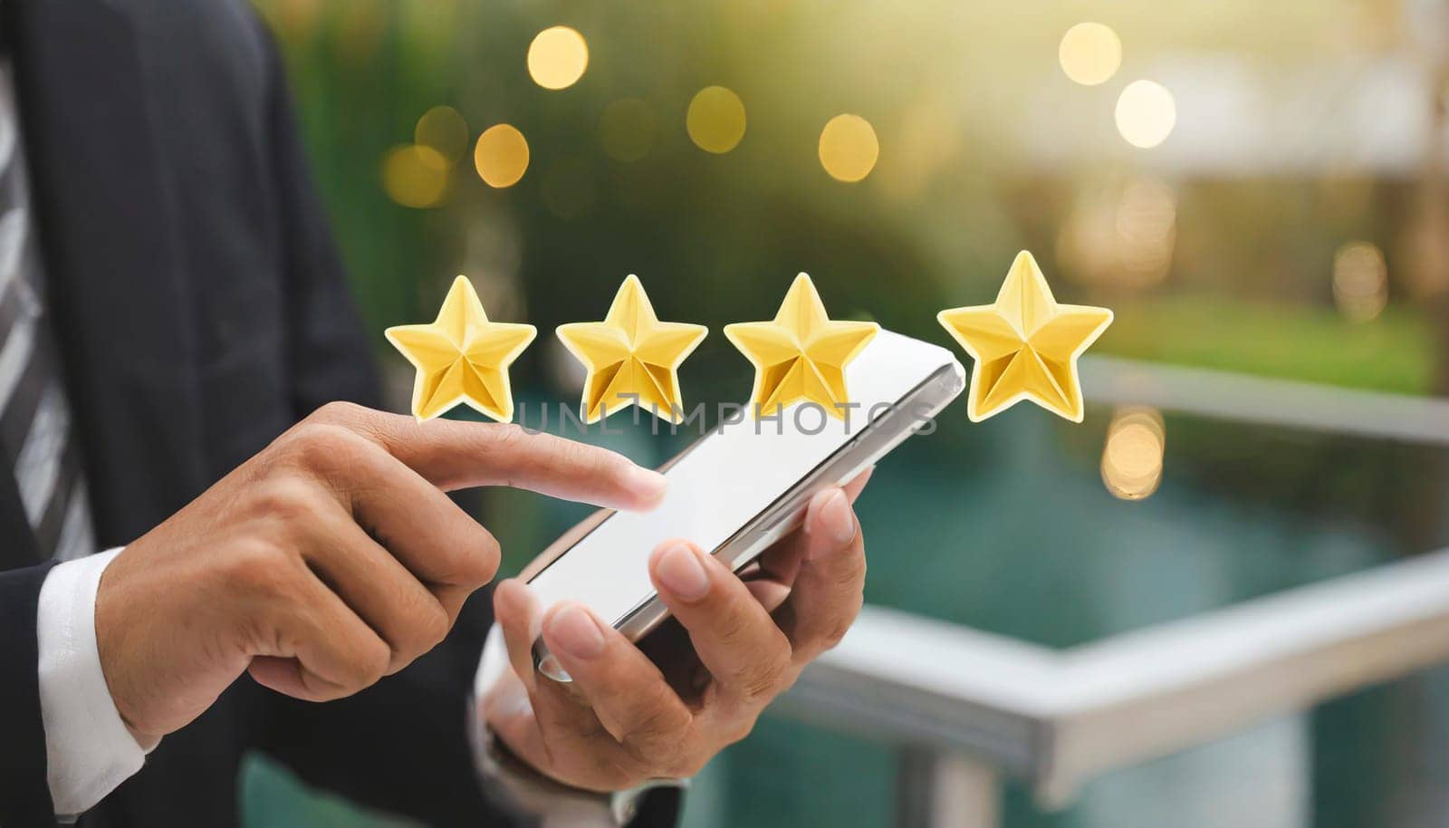 close up on customer man hand pressing on smartphone screen with gold five star rating feedback icon and press level three rank (good) for give score point to review the service business concept
