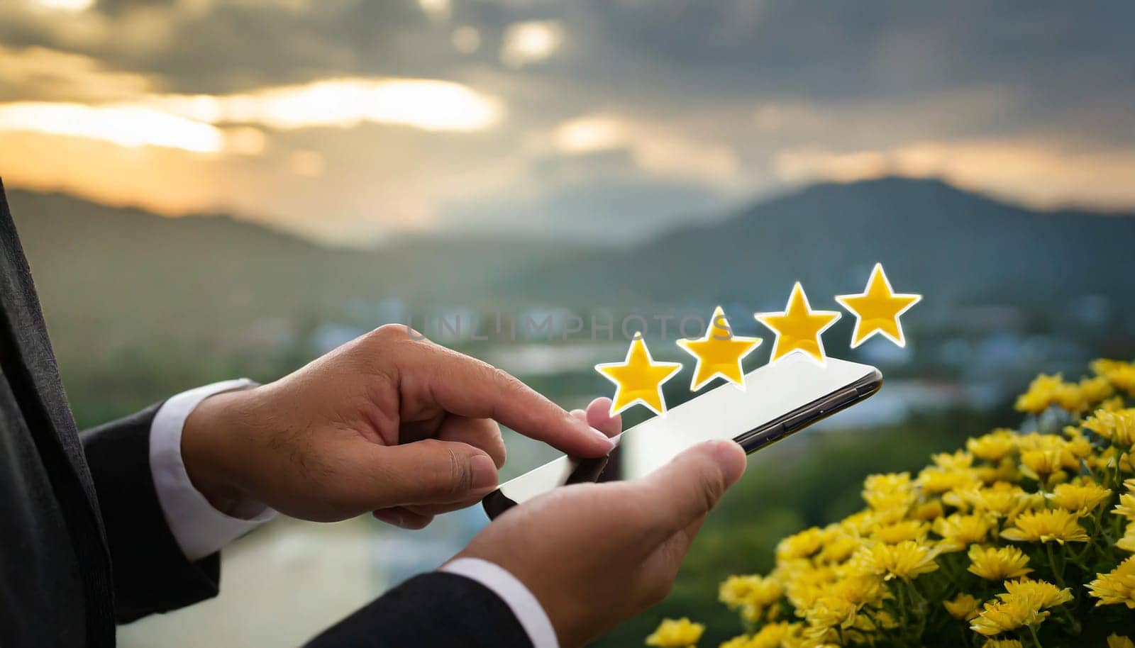 close up on customer man hand pressing on smartphone screen with gold five star rating feedback icon and press level three rank (good) for give score point to review the service business concept