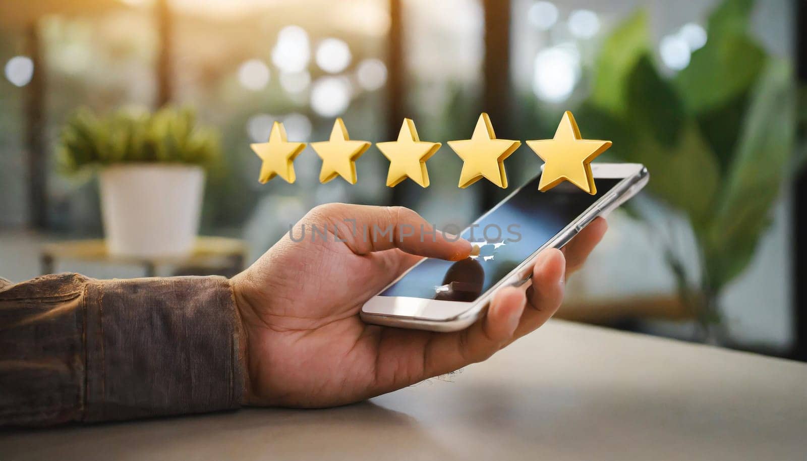 close up on customer man hand pressing on smartphone screen with gold five star rating feedback icon and press level three rank (good) for give score point to review the service business concept