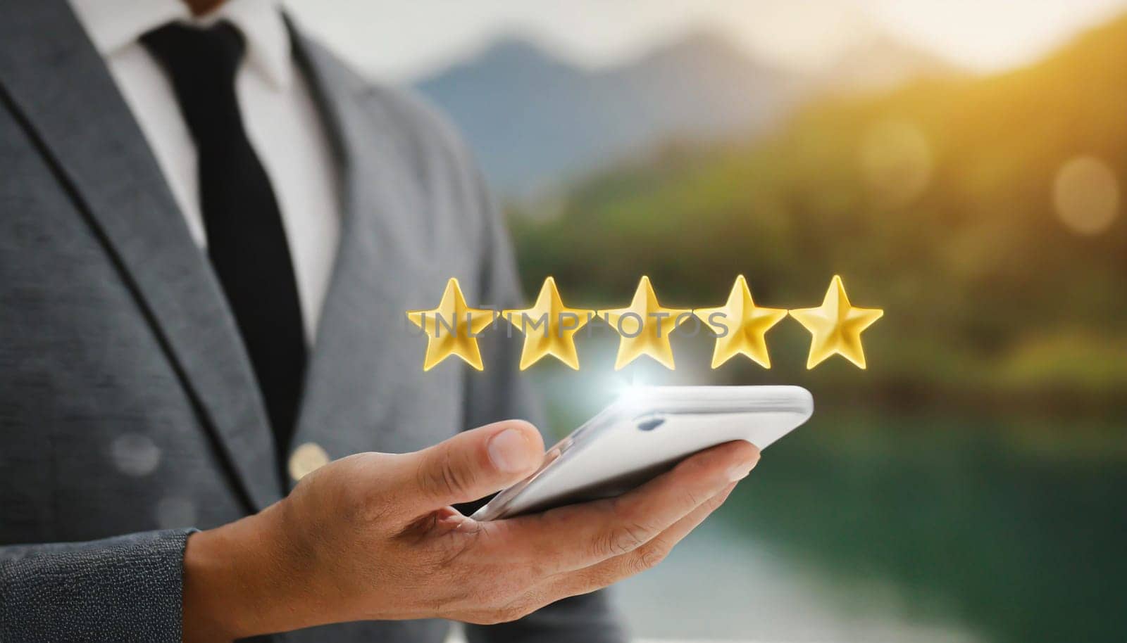 close up on customer man hand pressing on smartphone screen with gold five star rating feedback icon and press level three rank (good) for give score point to review the service business concept