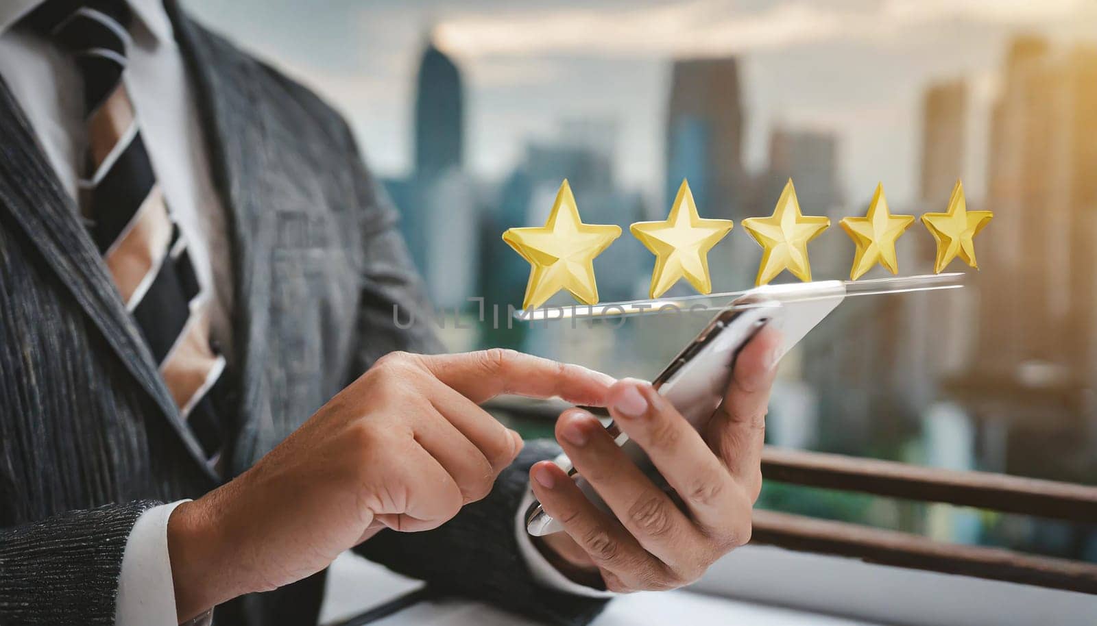 close up on customer man hand pressing on smartphone screen with gold five star rating feedback icon and press level three rank (good) for give score point to review the service business concept