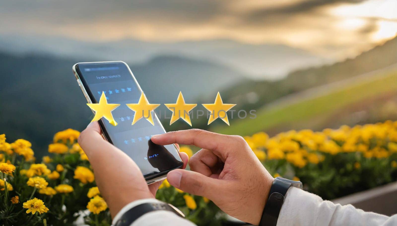 close up on customer man hand pressing on smartphone screen with gold five star rating feedback icon and press level three rank (good) for give score point to review the service business concept