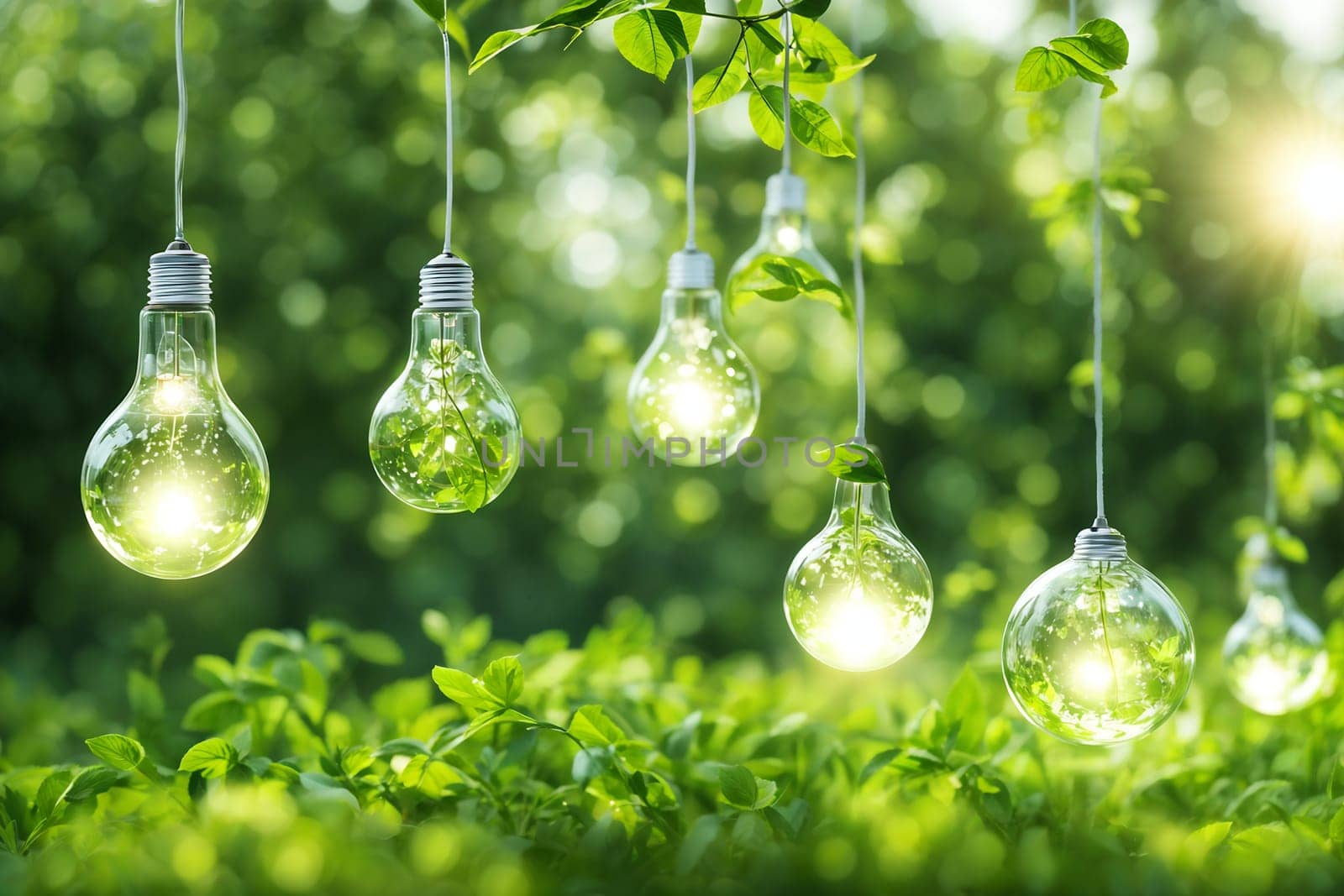 Light bulbs with water-saving symbols in a green forest with sunlight. Clean renewable energy, symbolism for environmental protection concepts