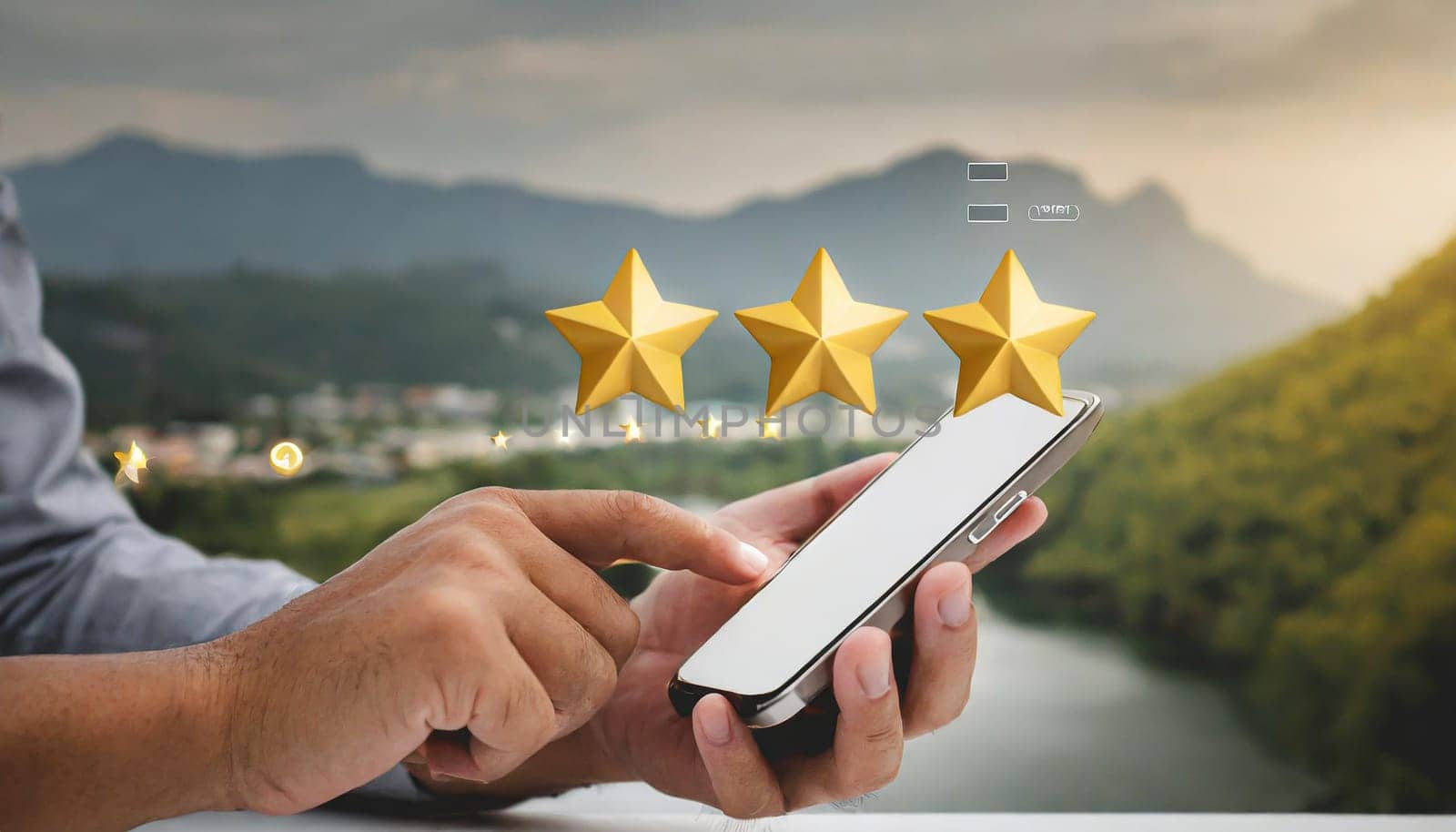 close up on customer man hand pressing on smartphone screen with gold five star rating feedback icon and press level three rank (good) for give score point to review the service business concept