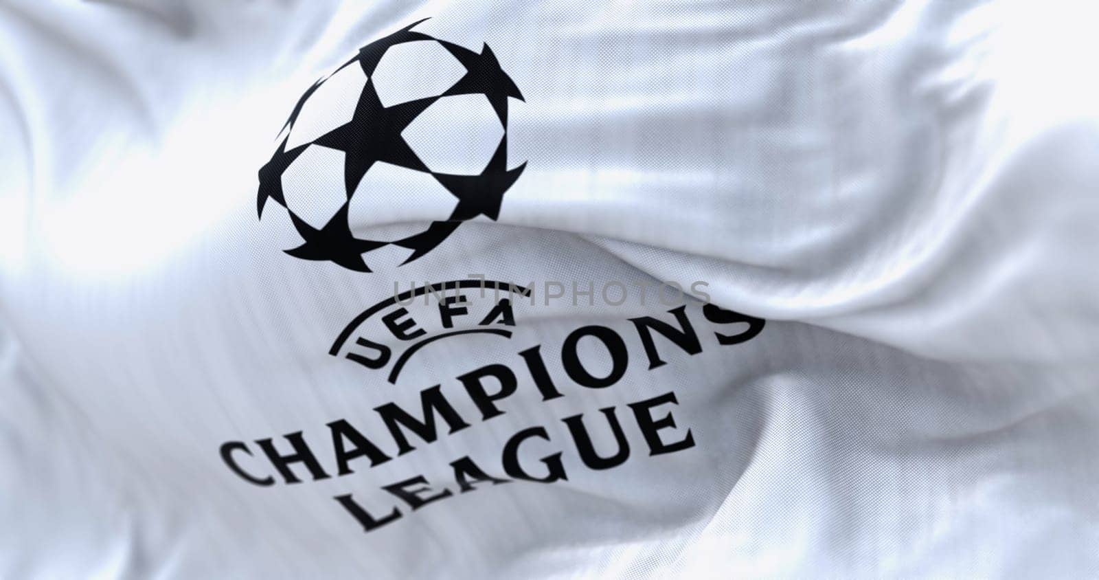 London, UK, Mar. 5 2024: close-up of UEFA Champions League flag waving. European football competition. Rippled fabric. Illustrative editorial 3d illustration render